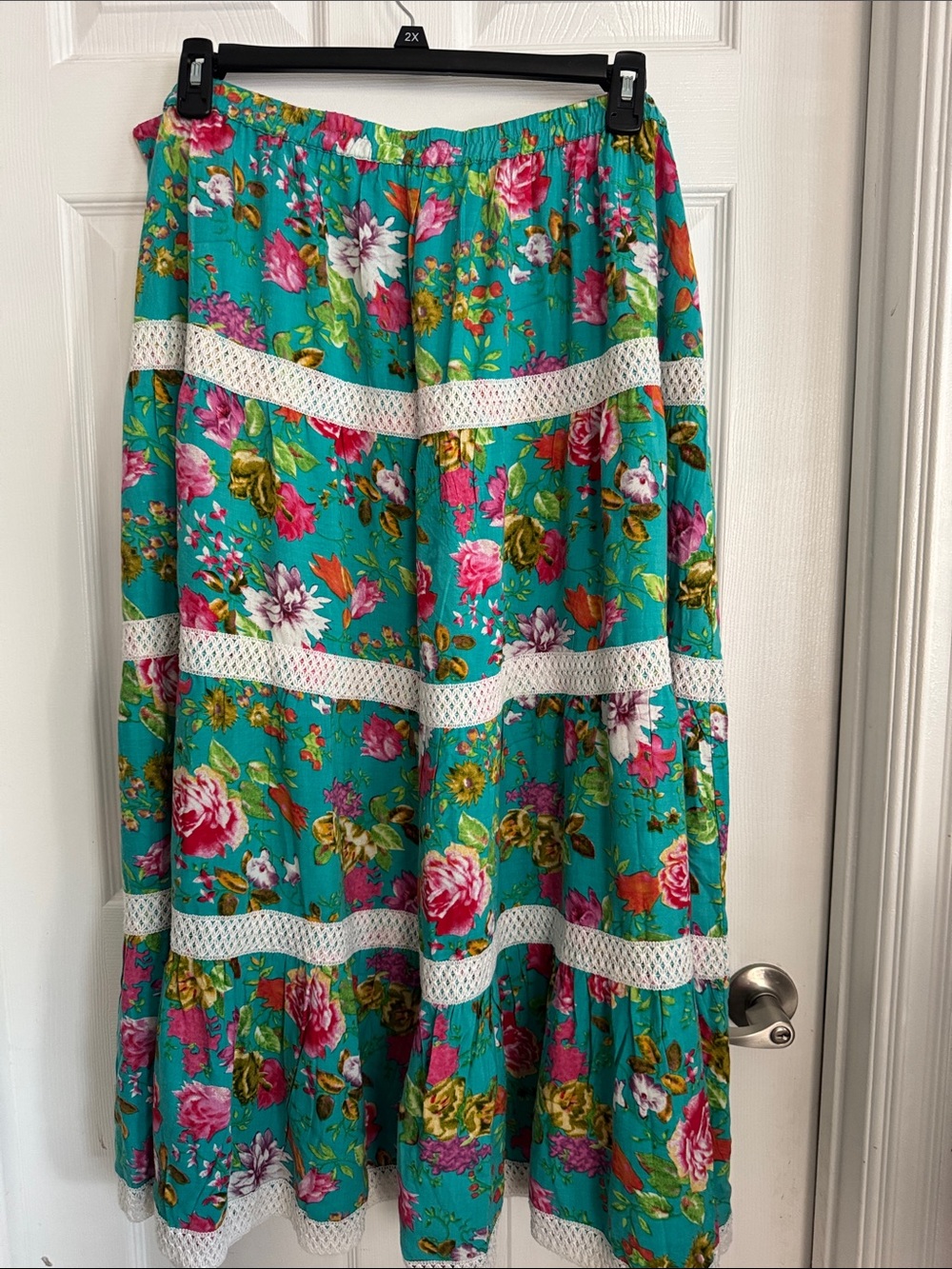 Magic Teal Floral Maxi Skirt with White Lace Trim
